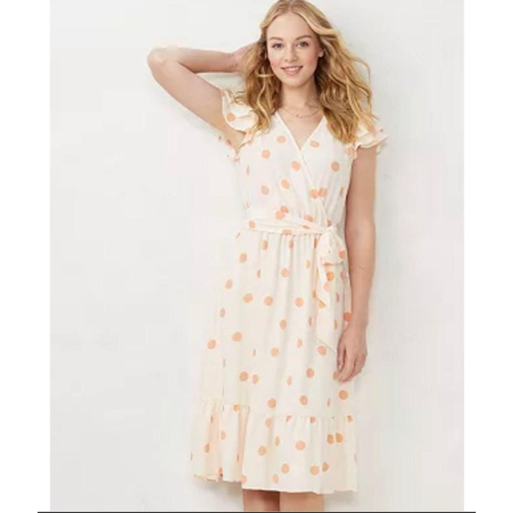 Lauren Conrad Dress Large White Peach Polka Dots Faux Wrap MIDI Flutter Sleeves - Picture 10 of 11